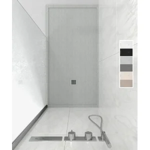 ABSOLUTE Sand gerahmte Harzduschwanne – Schieferstruktur – antibakteriell und rutschfest. Farben zur Auswahl.