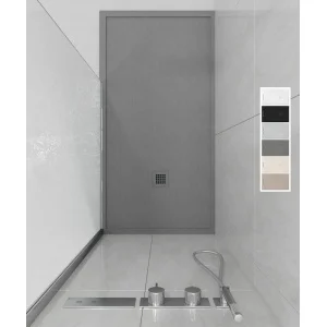 ABSOLUTE gerahmte Duschwanne aus Kunstharz Zementgrau – Schieferstruktur – antibakteriell und rutschfest. Farben zur Auswahl.