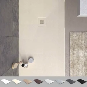 MYSTONE Duschwanne aus Harz – Creme RAL 1013 und andere exklusive Farben – Schieferstruktur – antibakteriell und rutschfest
