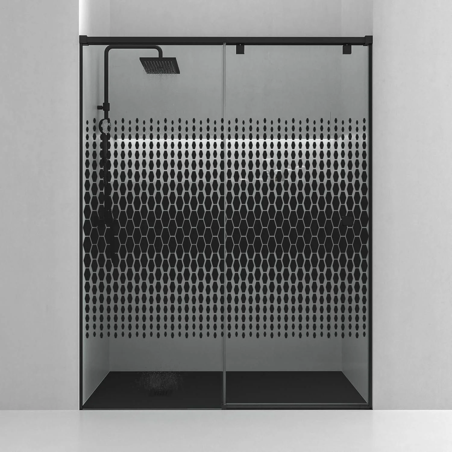 LIFE Frontduschwand 1 feste + 1 Schiebetür Siebbedrucktes 8 mm Glas mit Dämpfung. MATTES SCHWARZES Finish