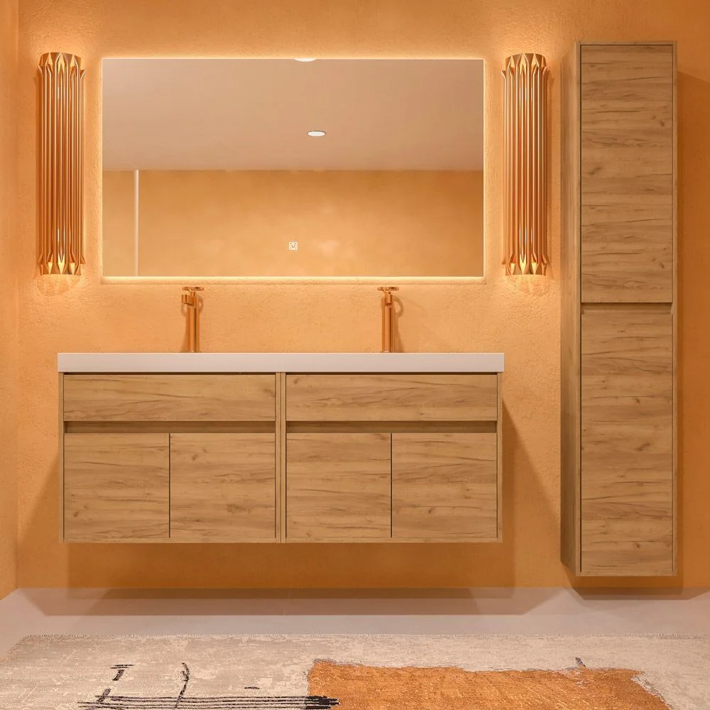 Badezimmer-Hängeschrank 2 Waschbecken 4 Türen / 2 Schubladen 120 cm Ausführung EICHE HELL