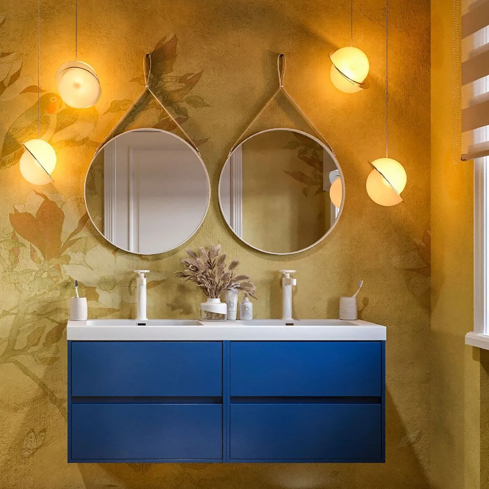 Abgehängte Badezimmermöbel 120 cm 4 Schubladen CARMEN mit Doppelwaschbecken 2 Becken Harz COBALT BLUE Finish