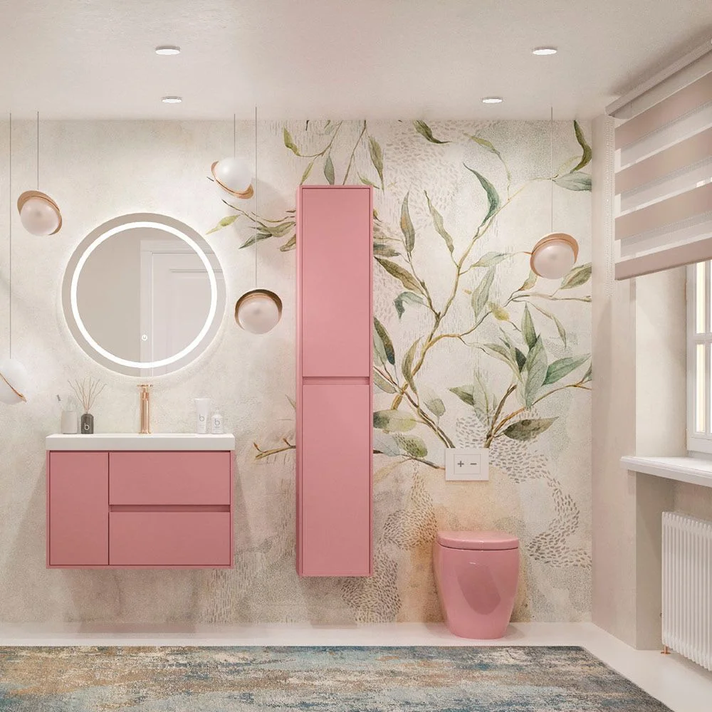 Badezimmer-Hängeschrank 2 Schubladen / 1 Tür CARMEN mit Waschbecken aus Harz mit ROSA PALO-Finish