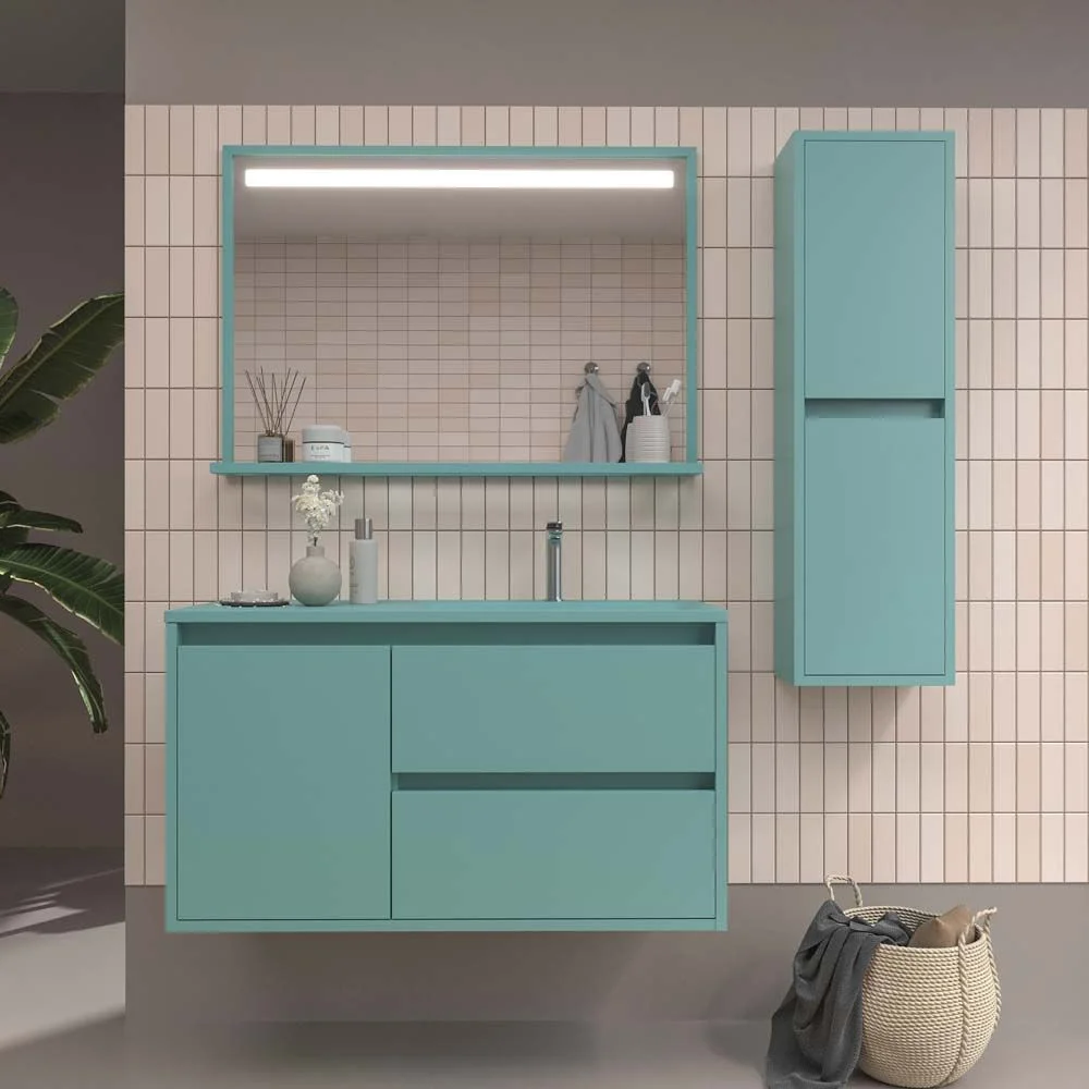 Hängender Badezimmerschrank 2 Schubladen / 1 Tür CLAIRE mit Waschbecken aus Solid Surface TÜRKIS