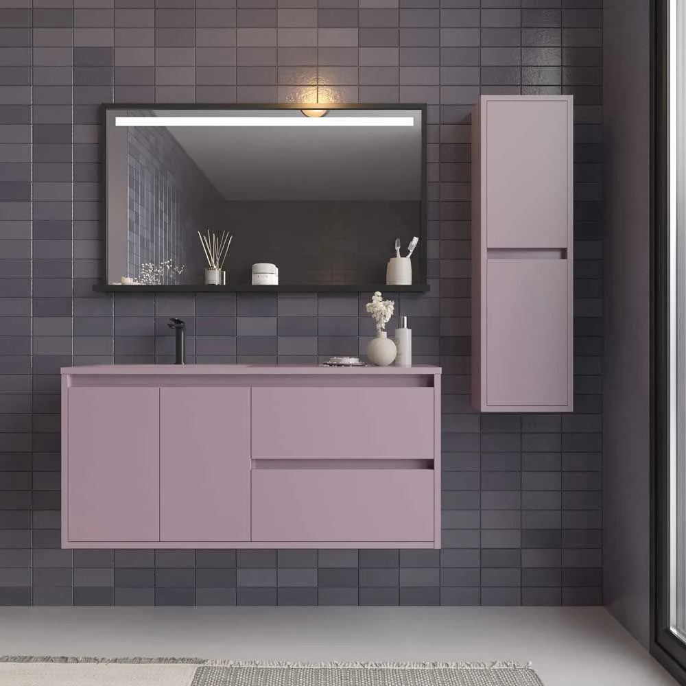 Hängender Badezimmerschrank 2 Schubladen/2 Türen CLAIRE mit Waschbecken aus Mineralwerkstoff VIOLETA PASTEL