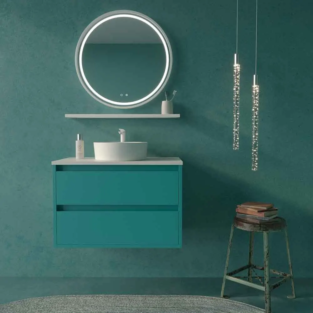 Hängender Badezimmerschrank 2 Schubladen CLAIRE mit Waschbecken aus Solid Surface TÜRKISBLAU