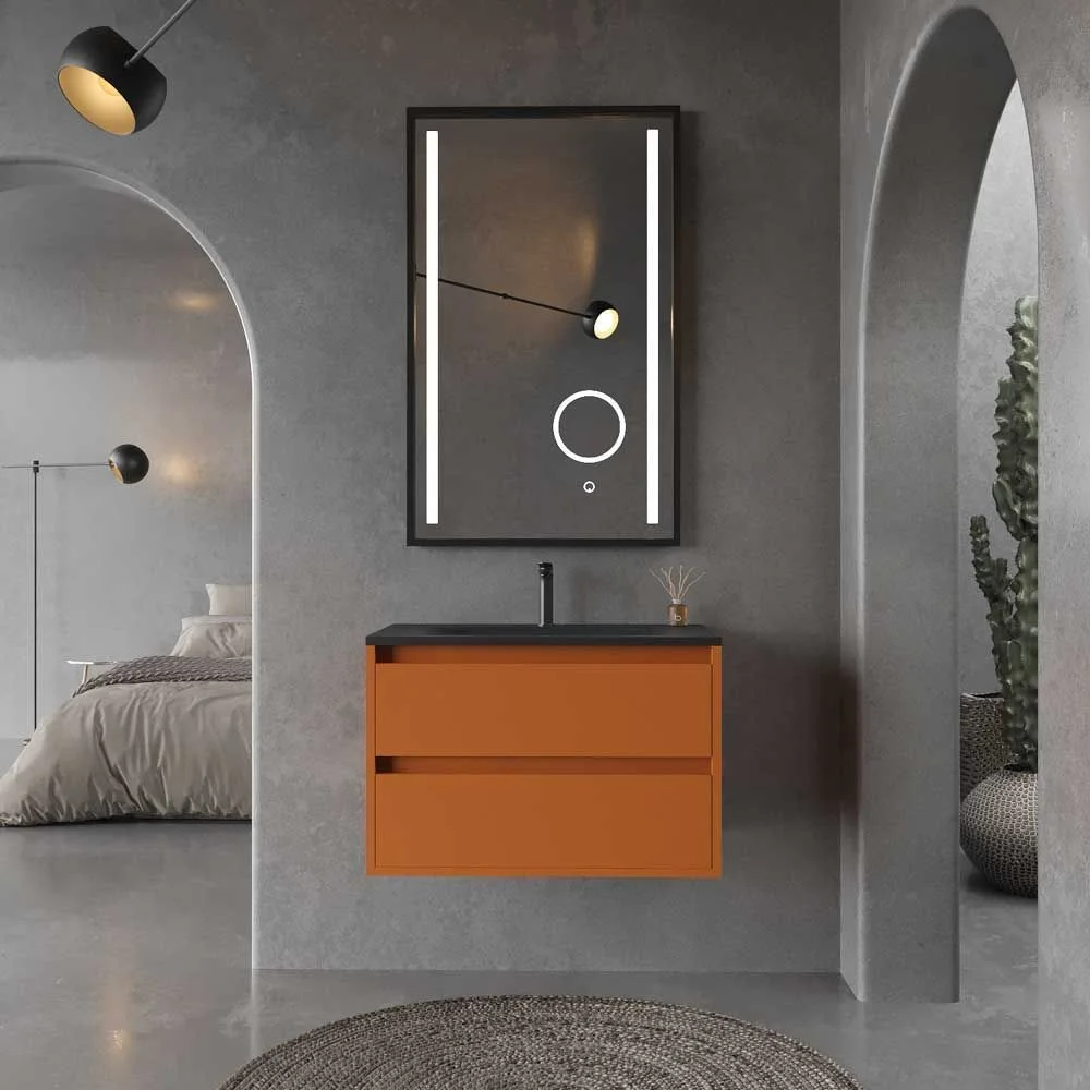 Hängender Badezimmerschrank CLAIRE mit 2 Schubladen und Waschbecken aus Mineralwerkstoff ORANGE BRAUN