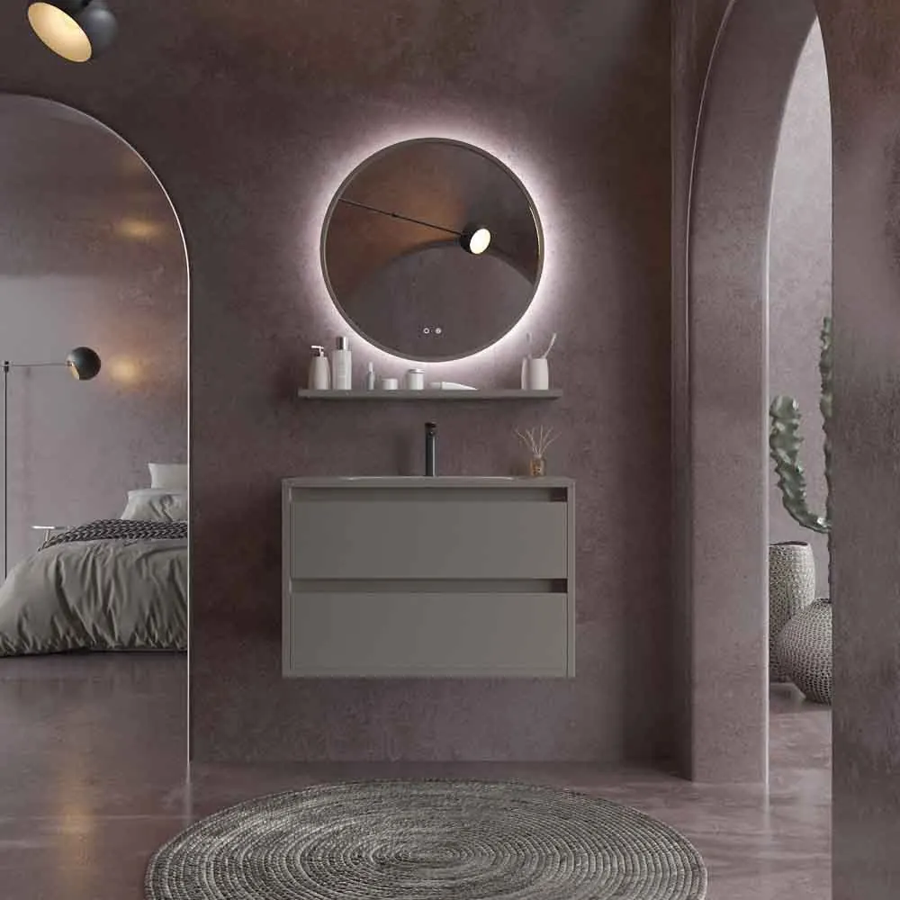 Hängender Badezimmerschrank 2 Schubladen CLAIRE mit Solid Surface Waschbecken QUARZGRAU