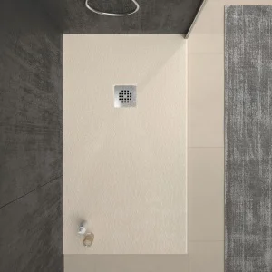 Harz-Duschwanne ONE Creme RAL 1013 und andere exklusive Farben mit antibakterieller und rutschfester Schieferstruktur. Edelstahlgitter