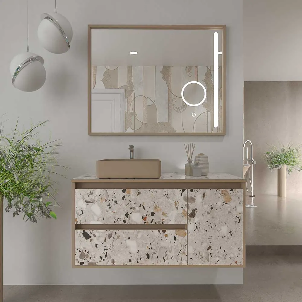 Hängender Badezimmerschrank 2 Schubladen/1 Tür UNICO mit Terrazzo-Effekt und SATET Solid Surface-Waschbecken