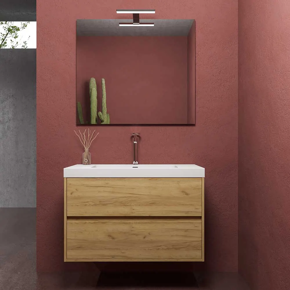 Badezimmer-Hängeschrank mit 2 Schubladen CARMEN mit Waschbecken aus Kunstharz mit Finish EICHE HELL