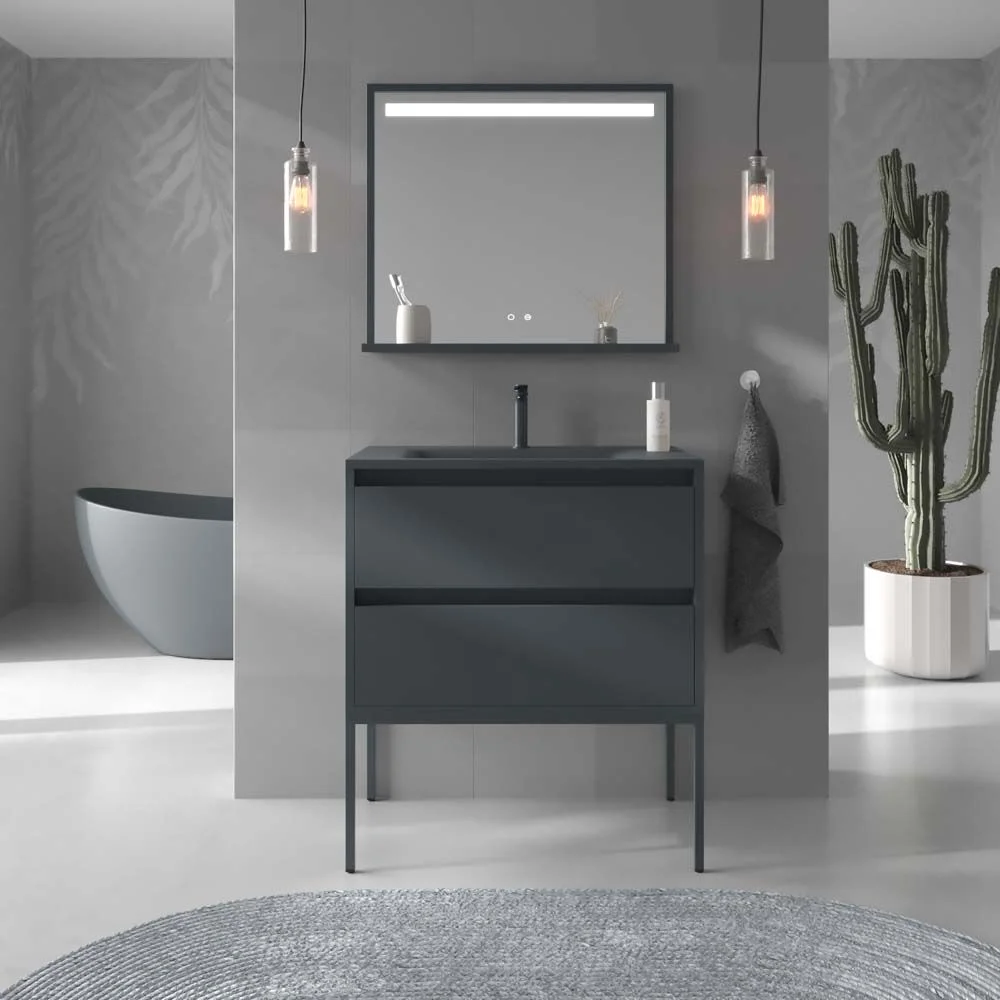 Badezimmermöbel mit Beinen, 2 Schubladen SMILE mit Waschbecken Solid Surface GRAPHITE