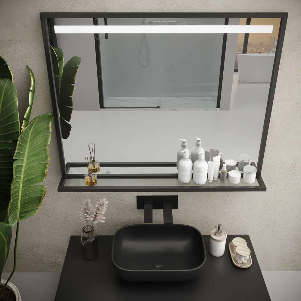 EVO Badezimmerspiegel mit Aluminiumrahmen und Ablage, verschiedene Ausführungen, LED-Frontbeleuchtung