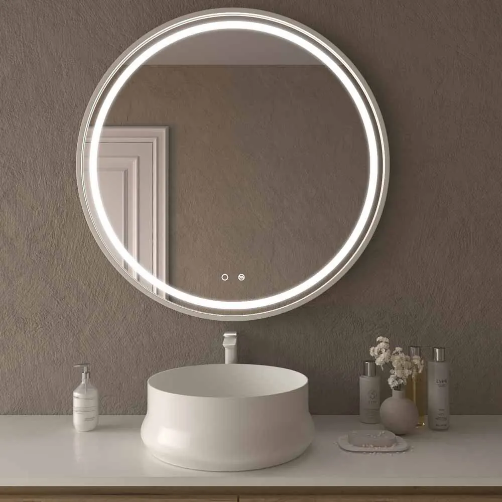Runder Spiegel LOUNGE LED-Frontleuchte mit Berührungssensor und Antibeschlag – MATT WHITE Aluminium