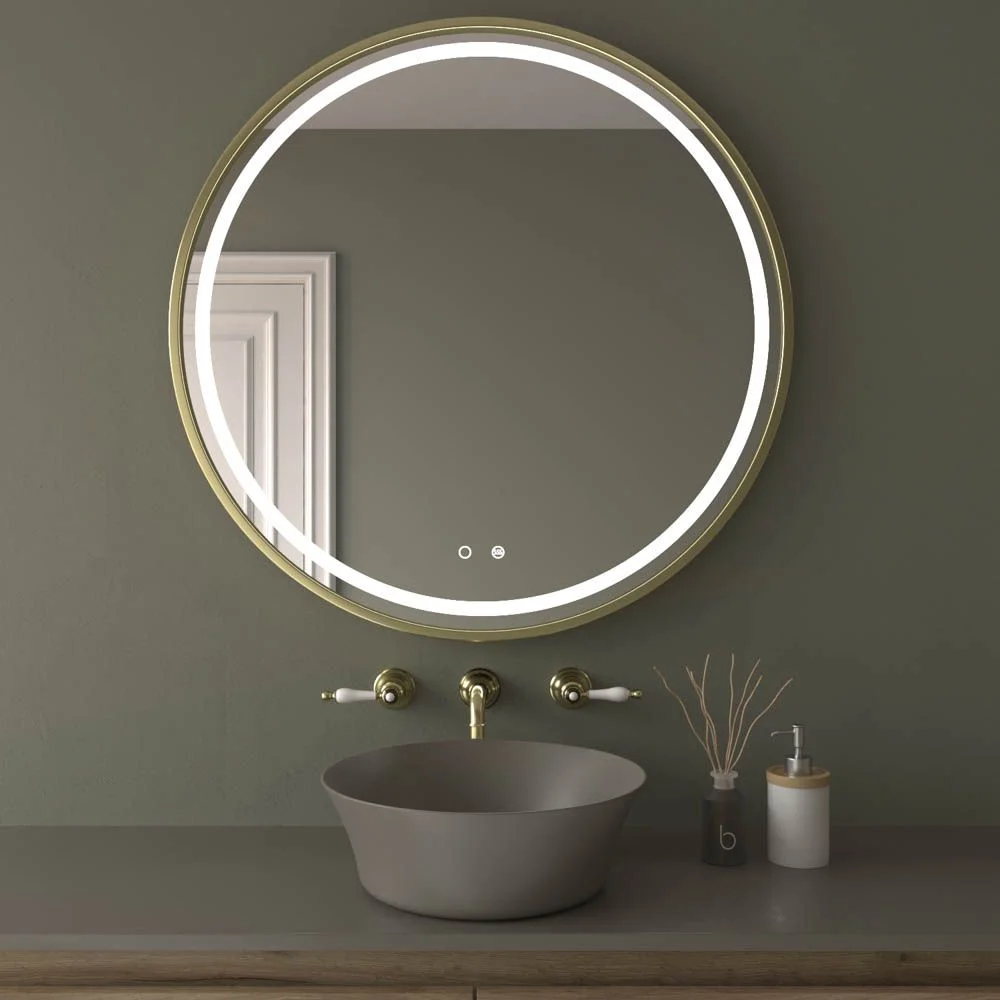 Runder Spiegel SOLID LED-Frontleuchte mit Berührungssensor und Antibeschlag – MATT GOLD ALUMINIUM