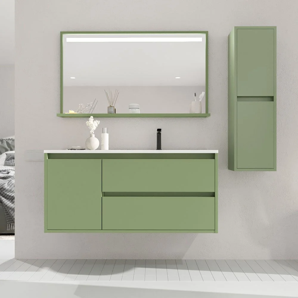 Hängender Badezimmerschrank 2 Schubladen / 1 Tür CLAIRE mit Waschbecken aus Mineralwerkstoff VERDE RESEDA