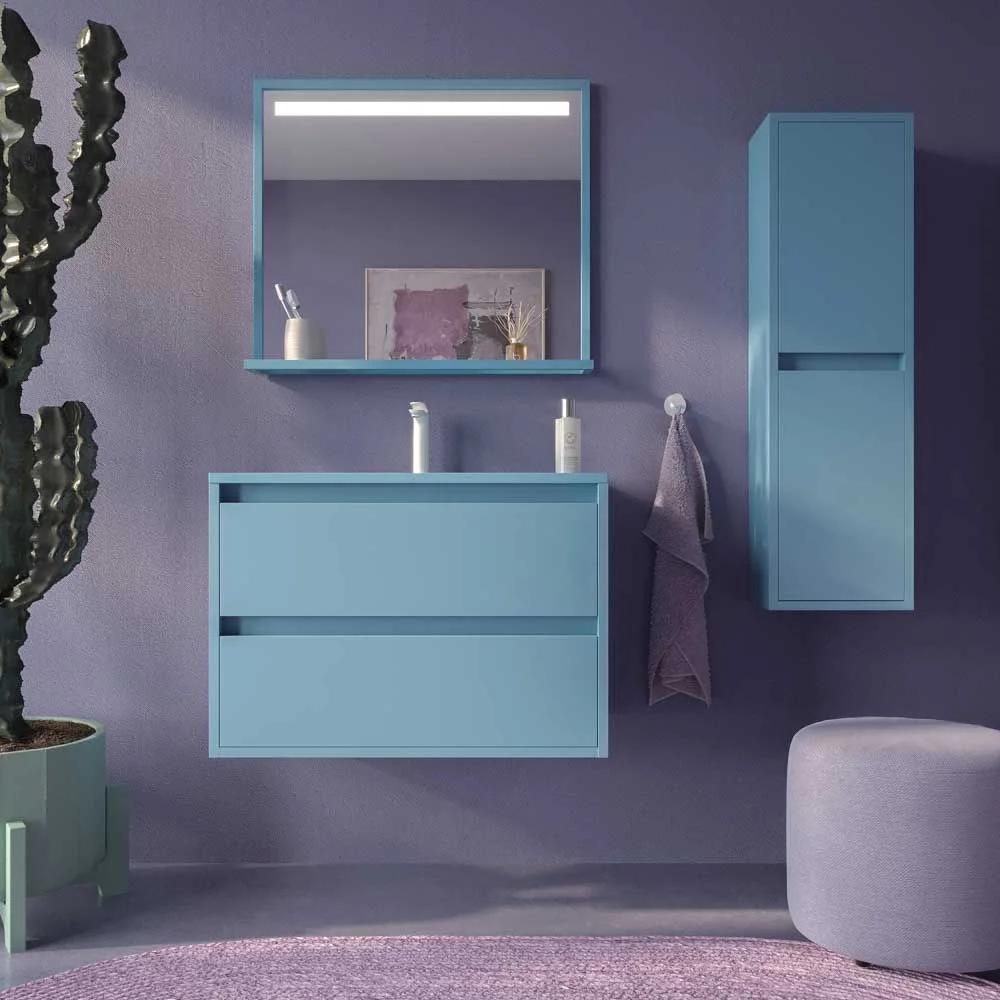 Hängender Badezimmerschrank 2 Schubladen CLAIRE mit Waschbecken aus Solid Surface PASTEL BLUE