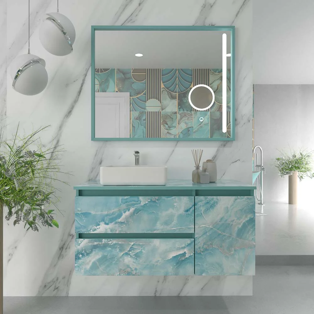 Hängender Badezimmerschrank, 2 Schubladen/1 Tür, UNICO-Marmoreffekt, mit SATET Solid Surface-Waschbecken