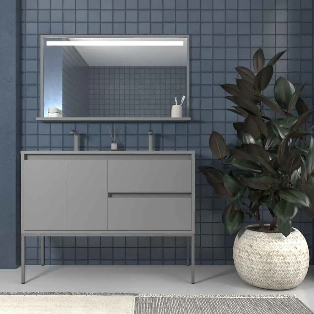 Badezimmermöbel mit Beinen, 2 Schubladen – 2 Türen SMILE mit Waschbecken aus Mineralwerkstoff, 2 Schüsseln STEINGRAU