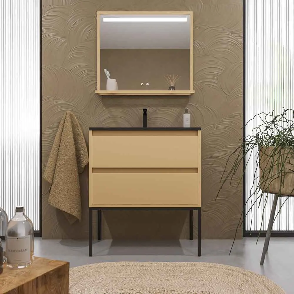 Badezimmermöbel mit Beinen, 2 Schubladen SMILE mit Waschbecken Solid Surface BEIGE
