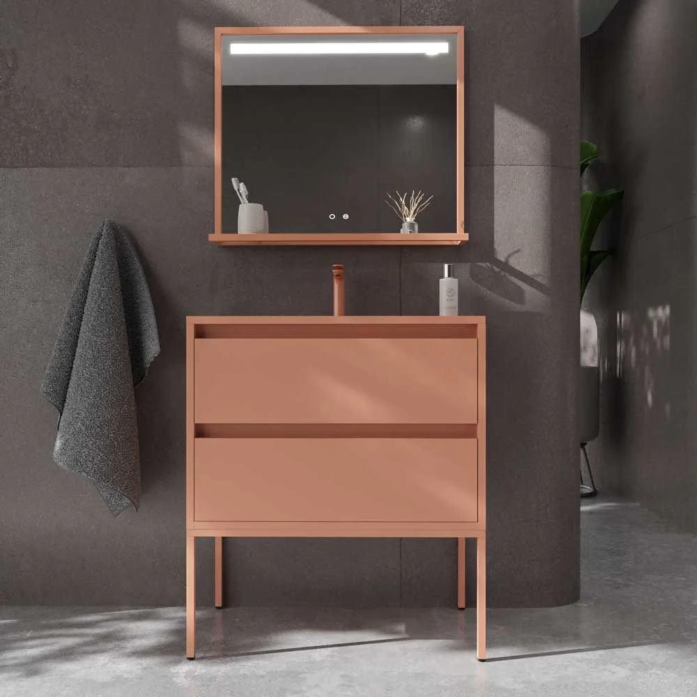Badezimmermöbel mit Beinen, 2 Schubladen SMILE und Waschbecken aus Solid Surface ROT BEIGE