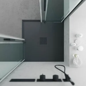 QUADRO Kunstharz-Duschwanne Graphit – Farben nach Wahl – Schieferstruktur – antibakteriell und rutschfest. Thermolackiertes Gitter