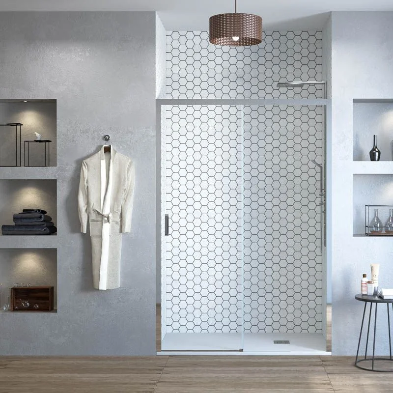SENIOR 1 feste vordere Duschwand – 1 Glasschiebetür 8 mm ohne unteres Profil. BRIGHT CHROM-Finish