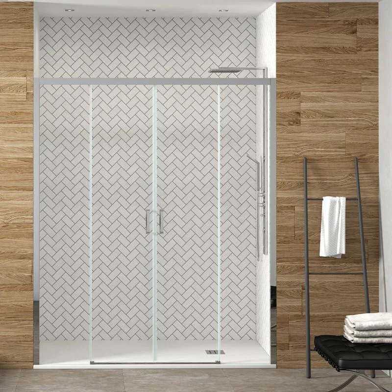SENIOR 2 feststehende Frontduschwand – 2 Glasschiebetüren 8 mm ohne unteres Profil. BRIGHT CHROM-Finish
