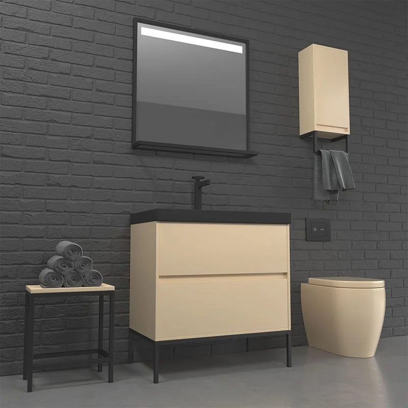 Badezimmerschrank mit 2 Schubladen in mattem CREMA-Finish mit 6 cm dickem Waschbecken aus Harz