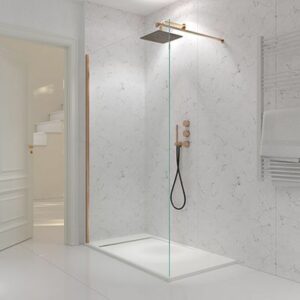 Feststehende Duschwand ZEN Kupferprofil - 8 MM Glas mit Antikalkbehandlung inklusive - seitlichem Befestigungsarm aus Edelstahl. erweiterbar