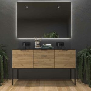 ELLA Badezimmerschrank mit Beinen, 2 Schubladen – 2 Türen mit SOLID SURFACE-Oberfläche in HELLER EICHE
