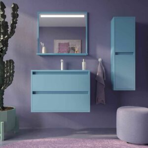 Hängender Badezimmerschrank 2 Schubladen 60 cm CLAIRE mit Waschbecken aus Solid Surface TURKIS PASTEL Ral 6034 - EVO-Spiegel mit Ablage 60 cm TURKIS PASTEL Ral 6034 - Hängender Badezimmerschrank 2 Schubladen 60 cm CLAIRE mit Waschbecken aus Solid Surface ROT BEIGE - EVO-Spiegel mit Ablage 60 cm ROT BEIGE