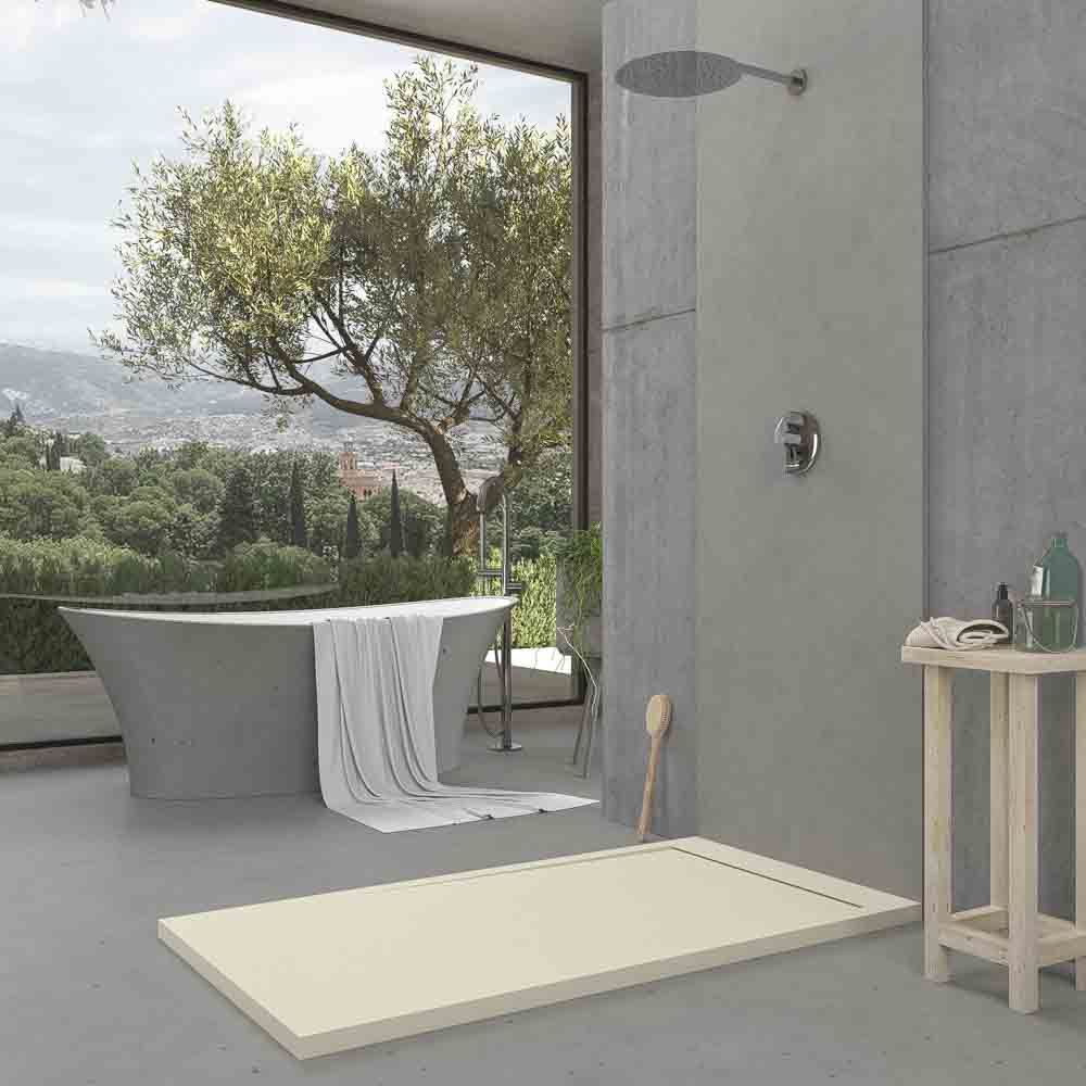 Eingerahmte Duschwanne aus Harz URBANSTONE Creme RAL 1013 – Schieferstruktur – antibakteriell und rutschfest. Farben zur Auswahl. Verdecktes Gitter – Bild 3