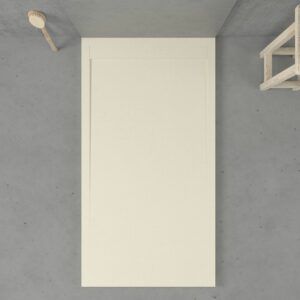 Eingerahmte Duschwanne aus Harz URBANSTONE Creme RAL 1013 – Schieferstruktur – antibakteriell und rutschfest. Farben zur Auswahl. Verdecktes Gitter