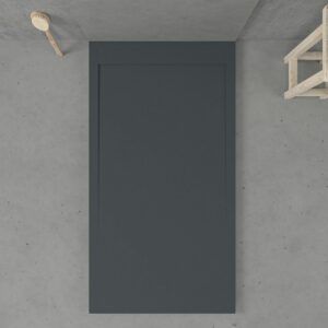 Eingerahmte Duschwanne aus Harz URBANSTONE Anthrazitgrau RAL 7016 – Schieferstruktur – antibakteriell und rutschfest. Farben zur Auswahl. Verdecktes Gitter
