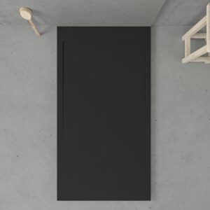 Eingerahmte Duschwanne aus Harz URBANSTONE Schwarz RAL 9005 – Schieferstruktur – antibakteriell und rutschfest. Farben zur Auswahl. Verdecktes Gitter