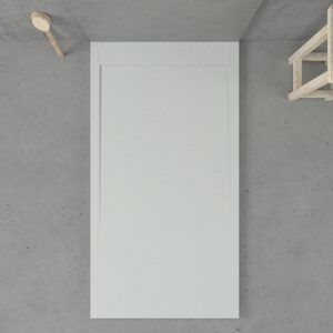 Eingerahmte Duschwanne aus Harz URBANSTONE Sand RAL 7035 – Schieferstruktur – antibakteriell und rutschfest. Farben zur Auswahl. Verdecktes Gitter