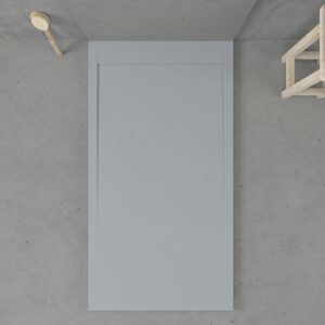 Eingerahmte Duschwanne aus Harz URBANSTONE Zementgrau RAL 7005 – Schieferstruktur – antibakteriell und rutschfest. Farben zur Auswahl. Verdecktes Gitter