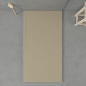 Eingerahmte Duschwanne aus Harz URBANSTONE Mokka RAL 1019 – Schieferstruktur – antibakteriell und rutschfest. Farben zur Auswahl. Verdecktes Gitter