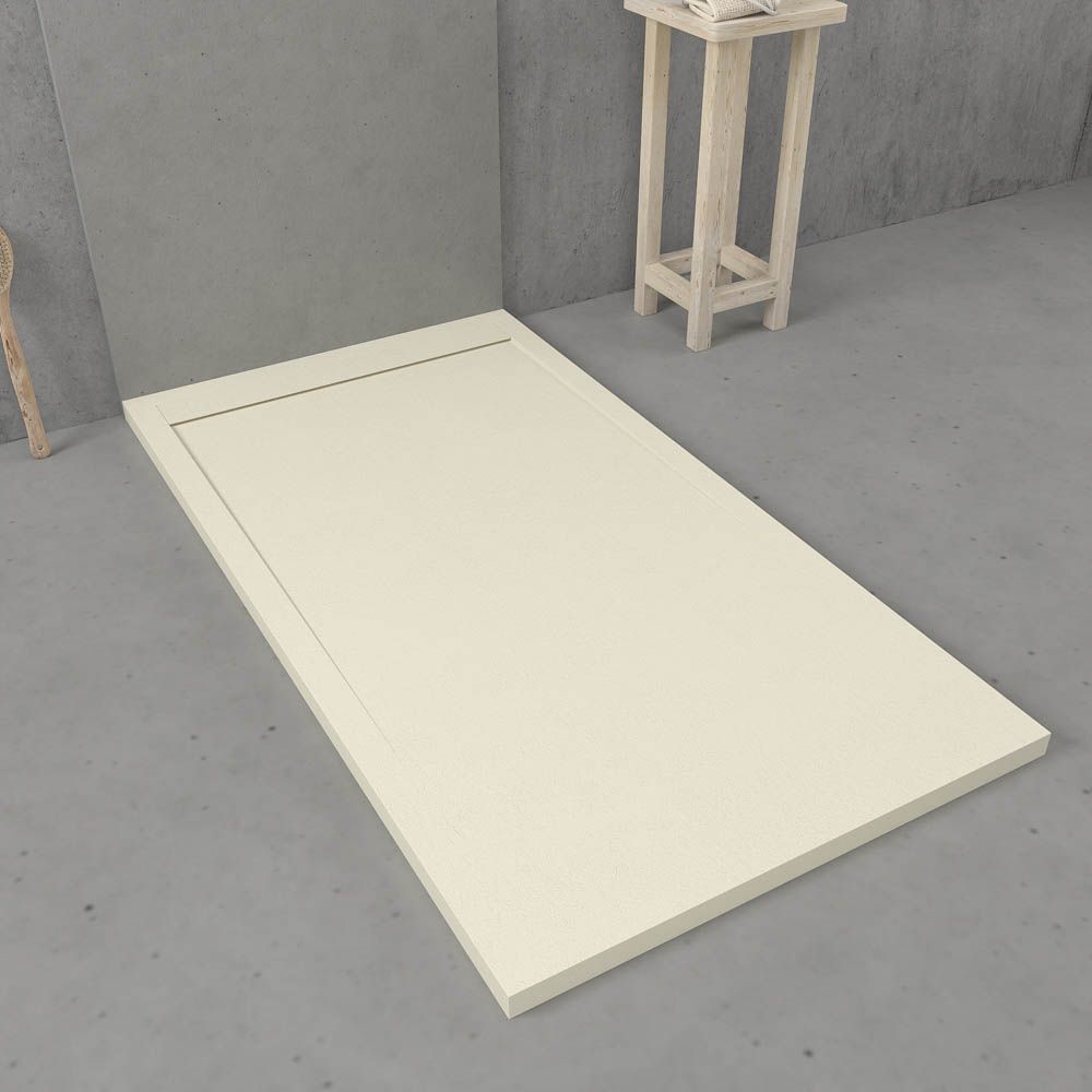 Eingerahmte Duschwanne aus Harz URBANSTONE Creme RAL 1013 – Schieferstruktur – antibakteriell und rutschfest. Farben zur Auswahl. Verdecktes Gitter – Bild 2