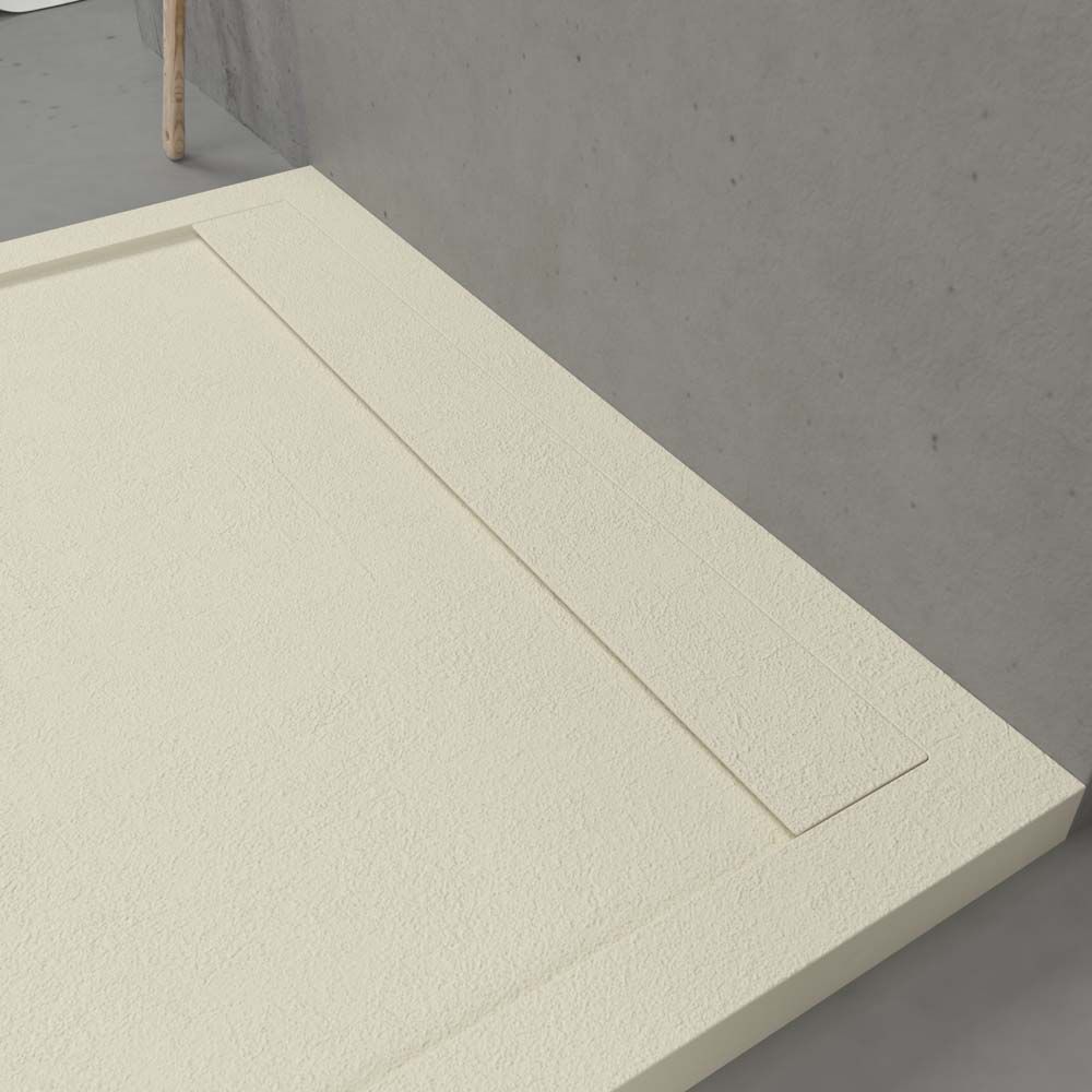 Eingerahmte Duschwanne aus Harz URBANSTONE Creme RAL 1013 – Schieferstruktur – antibakteriell und rutschfest. Farben zur Auswahl. Verdecktes Gitter – Bild 4